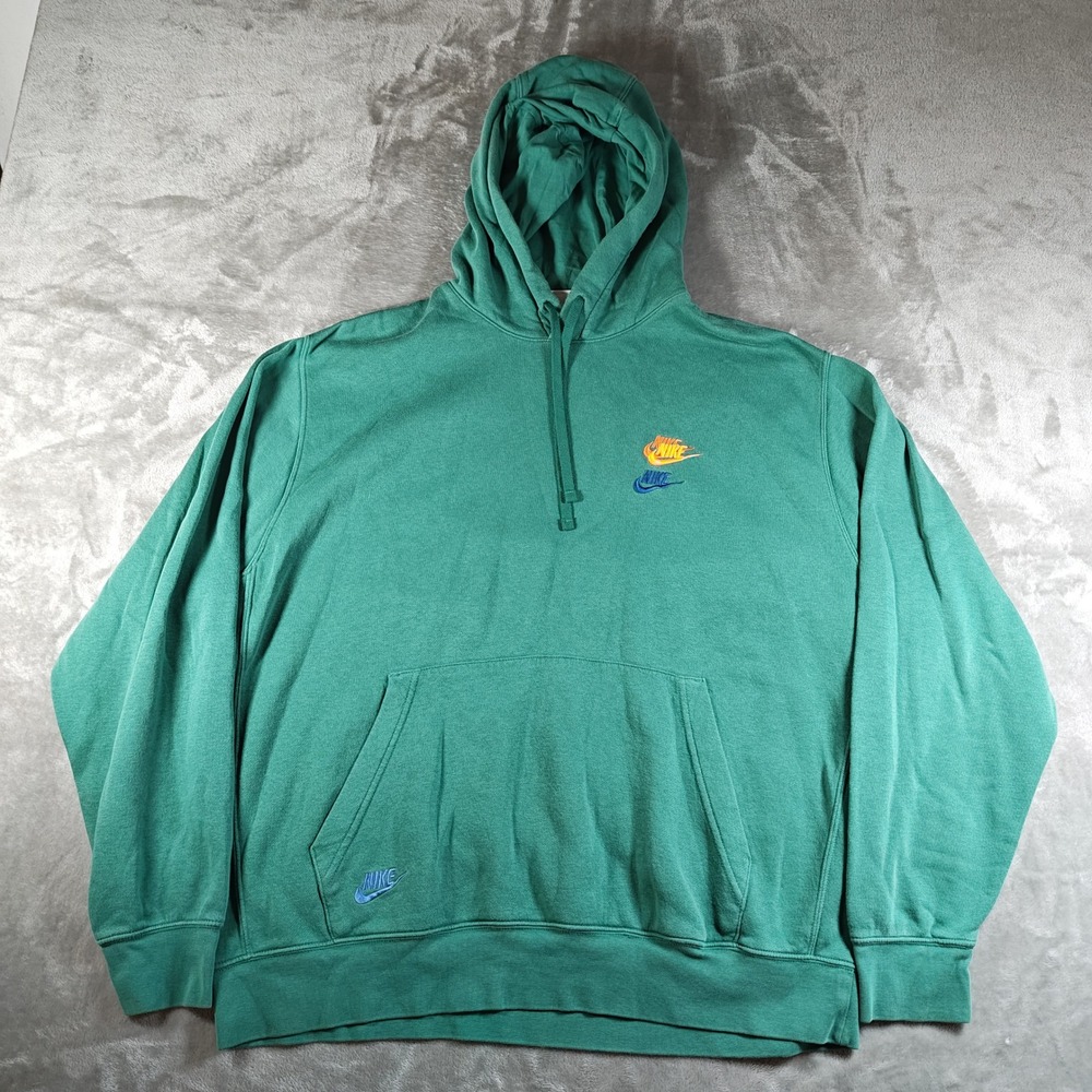 Nike Club Hoodie Mens XL Green Multi Swoosh Logo Embroidered Pullover Sportswear